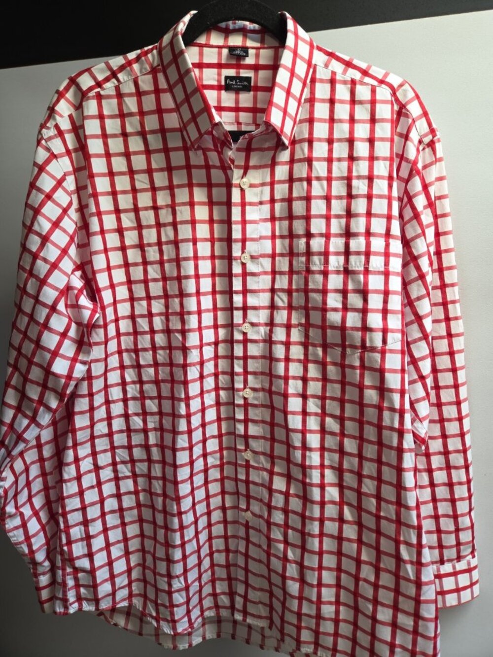 Paul Smith London Dress Shirt Mens 17 Red White Check 100% Cotton Long Sleeve XL